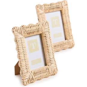 Two's Company 2-Piece 7x9 and 8x10 Rattan Photo Frame Set, Hand Woven Wicker Weave Natural Wood Rustic Boho Decor Frames