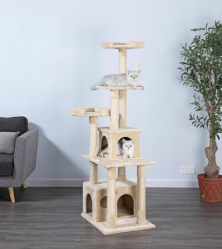 Go Pet Club مقاس 67 بوصة من Cat Tree Condo Furniture Kitty Tower Kitten Scratcher، مع منزل لعب كبير للمخبأ ومجاثم ممتعة للقطط الداخلية، رمادي in Kuwait