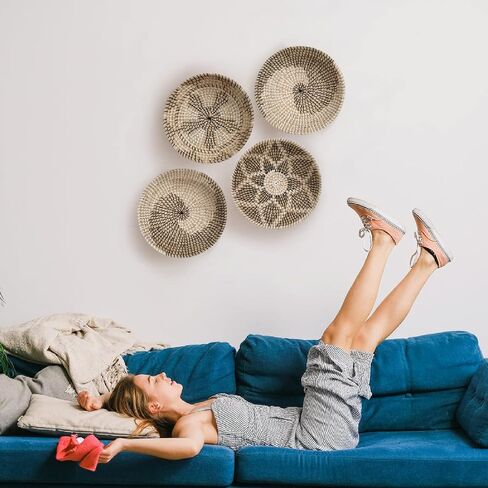 HNC ECOLIFE سلة جدار ديكور بوهو - سلة تقديم مستديرة من الروطان - سلة أعشاب بحرية مزخرفة - سلة حائط معلقة ديكور - ديكور طاولة طعام - سلة منسوجة (35 سم / 13.7 بوصة) in Saudi Arabia