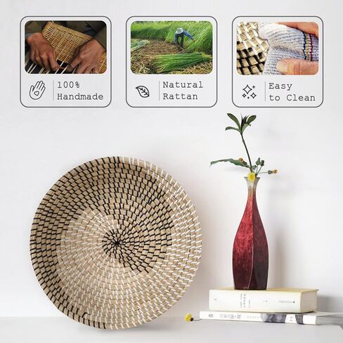 HNC ECOLIFE سلة جدار ديكور بوهو - سلة تقديم مستديرة من الروطان - سلة أعشاب بحرية مزخرفة - سلة حائط معلقة ديكور - ديكور طاولة طعام - سلة منسوجة (35 سم / 13.7 بوصة) in Saudi Arabia