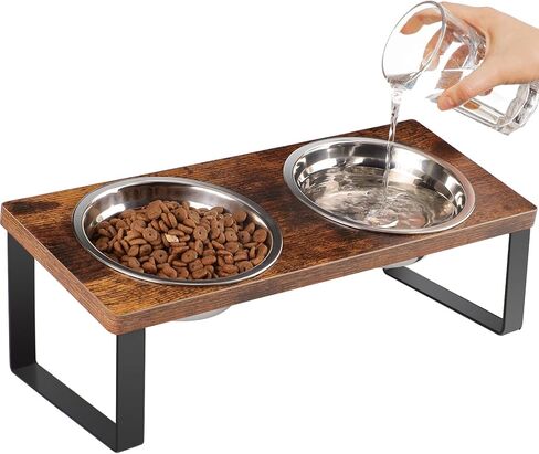 أوعية القطط المرتفعة من SUNQEBO، حامل وعاء القطط المرتفع مائل، مجموعة طعام القطط والماء من الفولاذ المقاوم للصدأ للقطط الداخلية والكلاب المتوسطة الصغيرة (خشب، مجموعة واحدة 2 عبوة، لون خشبي) in Kuwait