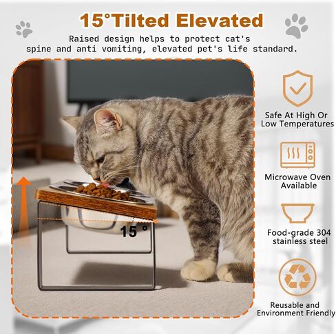 أوعية القطط المرتفعة من SUNQEBO، حامل وعاء القطط المرتفع مائل، مجموعة طعام القطط والماء من الفولاذ المقاوم للصدأ للقطط الداخلية والكلاب المتوسطة الصغيرة (خشب، مجموعة واحدة 2 عبوة، لون خشبي) in Kuwait