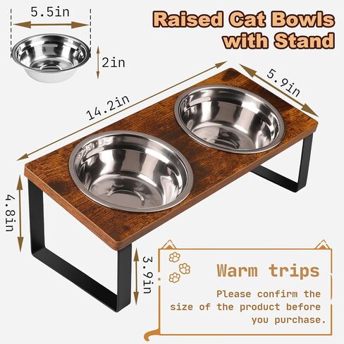 أوعية القطط المرتفعة من SUNQEBO، حامل وعاء القطط المرتفع مائل، مجموعة طعام القطط والماء من الفولاذ المقاوم للصدأ للقطط الداخلية والكلاب المتوسطة الصغيرة (خشب، مجموعة واحدة 2 عبوة، لون خشبي) in Kuwait