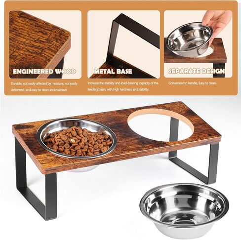 أوعية القطط المرتفعة من SUNQEBO، حامل وعاء القطط المرتفع مائل، مجموعة طعام القطط والماء من الفولاذ المقاوم للصدأ للقطط الداخلية والكلاب المتوسطة الصغيرة (خشب، مجموعة واحدة 2 عبوة، لون خشبي) in Kuwait