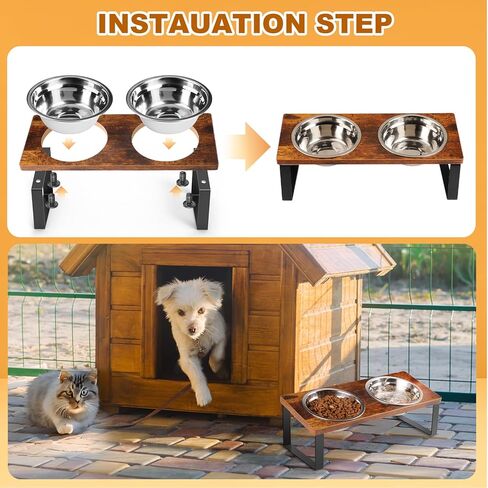 أوعية القطط المرتفعة من SUNQEBO، حامل وعاء القطط المرتفع مائل، مجموعة طعام القطط والماء من الفولاذ المقاوم للصدأ للقطط الداخلية والكلاب المتوسطة الصغيرة (خشب، مجموعة واحدة 2 عبوة، لون خشبي) in Kuwait