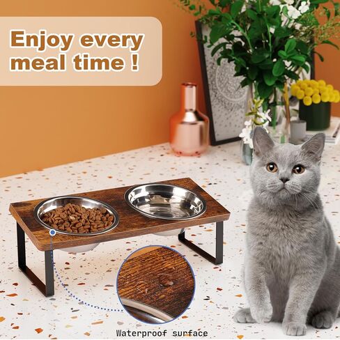 أوعية القطط المرتفعة من SUNQEBO، حامل وعاء القطط المرتفع مائل، مجموعة طعام القطط والماء من الفولاذ المقاوم للصدأ للقطط الداخلية والكلاب المتوسطة الصغيرة (خشب، مجموعة واحدة 2 عبوة، لون خشبي) in Kuwait