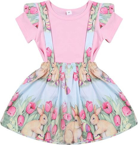 WALLARENEAR Toddler Kids Baby Girls Easter Outfits Short Sleeve T-Shirt Top + Bunny Suspender Skirt Outfit Overall Skirt Set in Saudi Arabia