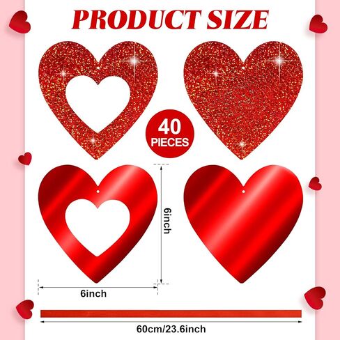 40 Pieces Valentine's Day Decoration Red Heart Valentine Hanging Decorations Hanging Glitter Swirl Heart Romantic Heart Hanging Decorations Hearts Hanging Ornaments for Bridal Shower Wedding in Saudi Arabia