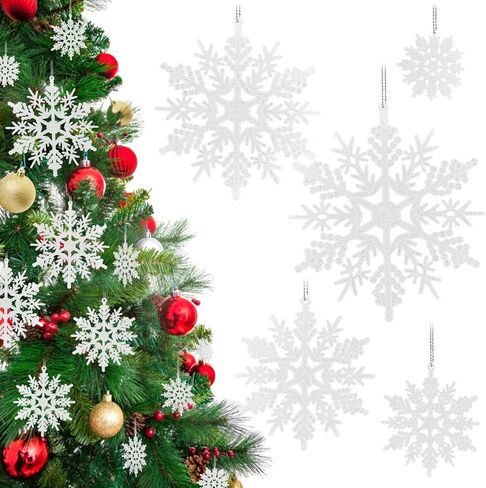 46 قطعة زينة ندفة الثلج اللامعة لعيد الميلاد المجيد من البلاستيك الأبيض ندفات الثلج متنوعة الحجم شجرة عيد الميلاد معلقة زينة رقائق الثلج in Kuwait