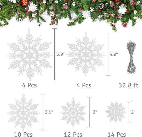 46 قطعة زينة ندفة الثلج اللامعة لعيد الميلاد المجيد من البلاستيك الأبيض ندفات الثلج متنوعة الحجم شجرة عيد الميلاد معلقة زينة رقائق الثلج in Kuwait