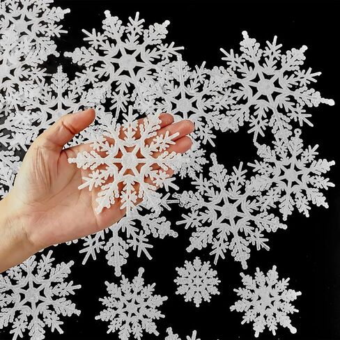 46 قطعة زينة ندفة الثلج اللامعة لعيد الميلاد المجيد من البلاستيك الأبيض ندفات الثلج متنوعة الحجم شجرة عيد الميلاد معلقة زينة رقائق الثلج in Kuwait