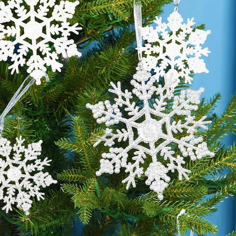 46 قطعة زينة ندفة الثلج اللامعة لعيد الميلاد المجيد من البلاستيك الأبيض ندفات الثلج متنوعة الحجم شجرة عيد الميلاد معلقة زينة رقائق الثلج in Kuwait