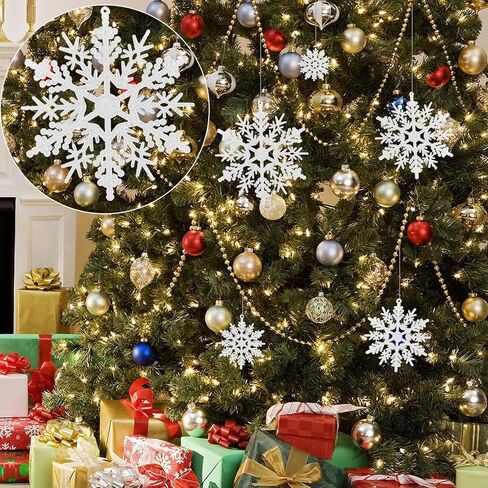 46 قطعة زينة ندفة الثلج اللامعة لعيد الميلاد المجيد من البلاستيك الأبيض ندفات الثلج متنوعة الحجم شجرة عيد الميلاد معلقة زينة رقائق الثلج in Kuwait