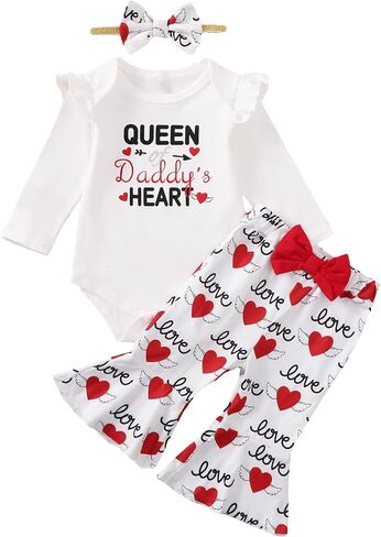 ملابس عيد الحب للفتيات حديثي الولادة من Singcoco، زي بنطال متوهج على شكل قلب ملكة الأب in Kuwait