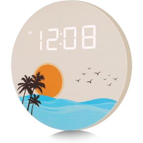 DMDMBSR Plug in USB Powered Digital Wall Clock, Vintage Plank Striped Rattan, 12/24Hr Wall Mounted Digital Clock, LED Wooden Silent Wall Clock for Living Room Bedroom Classroom Office (12In)