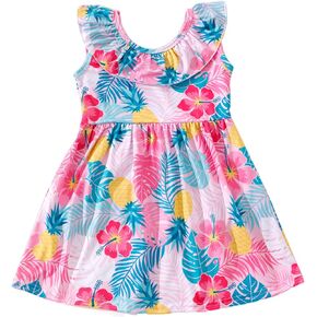 Tropical Palm Leaf Ruffle Dress for Toddler Kids Baby Girl Summer Hawaii 2-8Y