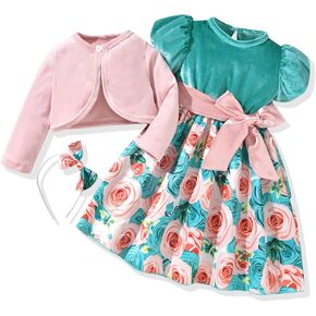 طقم فستان للفتيات الصغيرات من fioukiay وسترة صوفية مخملية للفتيات الرضع فساتين خريفية كاجوال بطبعة زهور للشتاء مع عصابة رأس in Kuwait