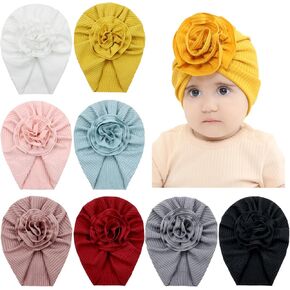Cinaci 8 Pack Solid Nursery Hospital Turban Hats with Flower Floral Caps Beanies Bonnets for Baby Girls Toddlers Infants, White, Pink, Dirty Pink, Burgundy, Mustard, Blue, Gray and Black, 3-24 Months in Kuwait