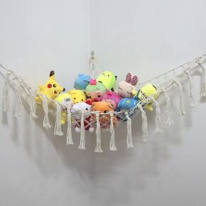 شبكة أو أرجوحة للحيوانات المحشوة مع ضوء LED وخطافات - أرجوحة لعبة تخزين الحيوانات المحشوة للجدار - شبكة كبيرة من القطيفة على شكل زاوية مكرامية، منظم قطيفة معلق من بوهو لديكور غرفة نوم الأطفال (41 × 41 × 57) in Kuwait