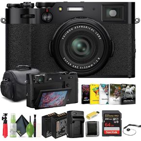 كاميرا FUJIFILM X100V الرقمية (فضي) (16642939) + بطاقة 64 جيجابايت + قارئ بطاقات + بطارية NP-W126 + شاحن + برنامج Corel للصور + حافظة + حامل ثلاثي القوائم مرن + محفظة بطاقة الذاكرة + طقم تنظيف + حافظة للغطاء in Kuwait
