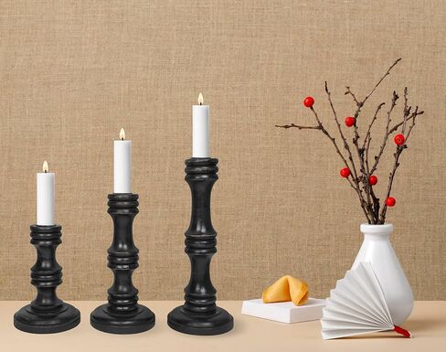 مجموعة حامل شموع من خشب المانجو من خشب المانجو من نيرمان، مكونة من 3 حوامل شمعدان لقطعة مركزية للطاولة، حامل شموع ريفي، أسود in Kuwait