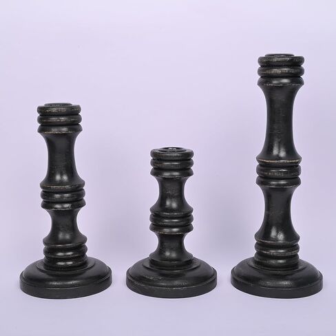 مجموعة حامل شموع من خشب المانجو من خشب المانجو من نيرمان، مكونة من 3 حوامل شمعدان لقطعة مركزية للطاولة، حامل شموع ريفي، أسود in Kuwait