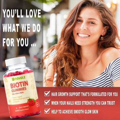 Vegan Biotin Gummies Support Hair Growth, Promotes Healthy Hair, Skin and Nails, 5,000 mcg Biotin, with Vitamin B & C, Non GMO, Gluten Free, for Women & Men, Strawberry, 90 Gummies in Saudi Arabia