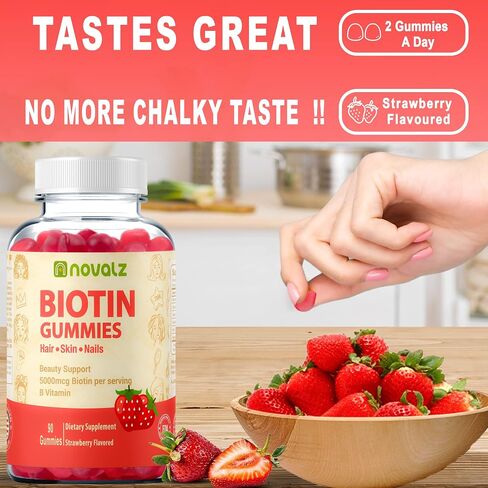 Vegan Biotin Gummies Support Hair Growth, Promotes Healthy Hair, Skin and Nails, 5,000 mcg Biotin, with Vitamin B & C, Non GMO, Gluten Free, for Women & Men, Strawberry, 90 Gummies in Saudi Arabia