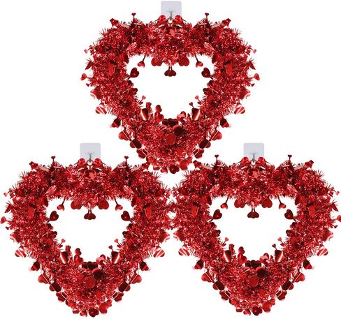 Winlyn 3 Pack Red Valentine Heart Wreaths Tinsel Heart Shaped Wreaths with Foil Hearts Hanging Valentine's Day Wreaths Decorations for Wedding Birthday Party Front Door Wall Window Mantel Décor in Saudi Arabia
