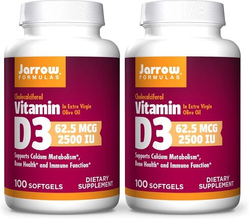 Jarrow Formulas Vitamin D3 2500 IU - 100 Softgels, Pack of 2 - Bone Health, Immune Function & Calcium Metabolism Support - 200 Total Servings in Saudi Arabia