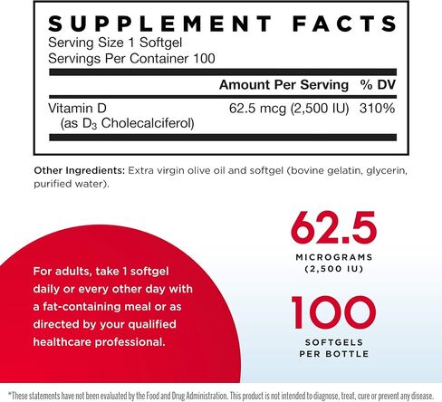 Jarrow Formulas Vitamin D3 2500 IU - 100 Softgels, Pack of 2 - Bone Health, Immune Function & Calcium Metabolism Support - 200 Total Servings in Saudi Arabia