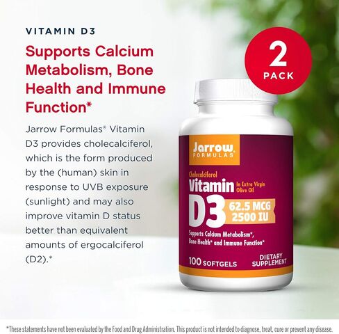 Jarrow Formulas Vitamin D3 2500 IU - 100 Softgels, Pack of 2 - Bone Health, Immune Function & Calcium Metabolism Support - 200 Total Servings in Saudi Arabia