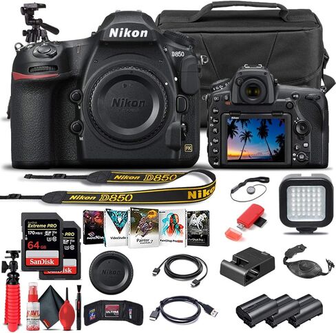 Nikon D850 DSLR Camera (Body Only) (1585) + 64GB Memory Card + Case + Corel Software + 2 x EN-EL 15 Battery + LED Light + HDMI Cable + Cleaning Set + Flex Tripod + More (International Model) (Renewed) in Saudi Arabia