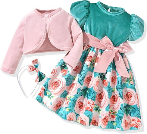 fioukiay Baby Girls Dress and Velvet Cardigan Sets Infant Girls Casual Floral Print Fall Dresses Winter with Headband in Saudi Arabia