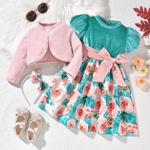 fioukiay Baby Girls Dress and Velvet Cardigan Sets Infant Girls Casual Floral Print Fall Dresses Winter with Headband in Saudi Arabia