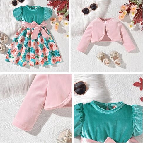 fioukiay Baby Girls Dress and Velvet Cardigan Sets Infant Girls Casual Floral Print Fall Dresses Winter with Headband in Saudi Arabia