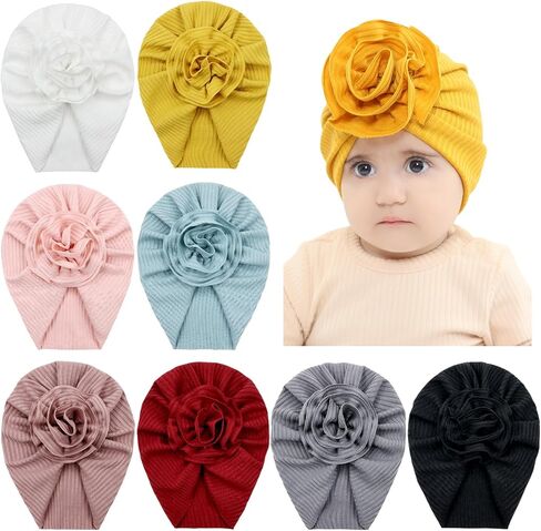 Cinaci 8 Pack Solid Nursery Hospital Turban Hats with Flower Floral Caps Beanies Bonnets for Baby Girls Toddlers Infants, White, Pink, Dirty Pink, Burgundy, Mustard, Blue, Gray and Black, 3-24 Months in Kuwait