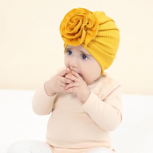 Cinaci 8 Pack Solid Nursery Hospital Turban Hats with Flower Floral Caps Beanies Bonnets for Baby Girls Toddlers Infants, White, Pink, Dirty Pink, Burgundy, Mustard, Blue, Gray and Black, 3-24 Months in Kuwait