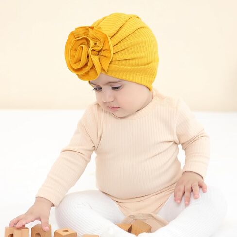 Cinaci 8 Pack Solid Nursery Hospital Turban Hats with Flower Floral Caps Beanies Bonnets for Baby Girls Toddlers Infants, White, Pink, Dirty Pink, Burgundy, Mustard, Blue, Gray and Black, 3-24 Months in Kuwait