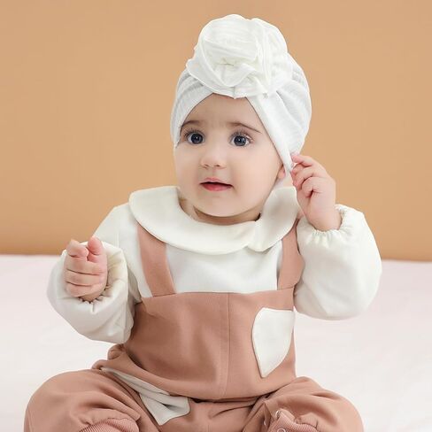 Cinaci 8 Pack Solid Nursery Hospital Turban Hats with Flower Floral Caps Beanies Bonnets for Baby Girls Toddlers Infants, White, Pink, Dirty Pink, Burgundy, Mustard, Blue, Gray and Black, 3-24 Months in Kuwait