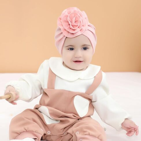 Cinaci 8 Pack Solid Nursery Hospital Turban Hats with Flower Floral Caps Beanies Bonnets for Baby Girls Toddlers Infants, White, Pink, Dirty Pink, Burgundy, Mustard, Blue, Gray and Black, 3-24 Months in Kuwait