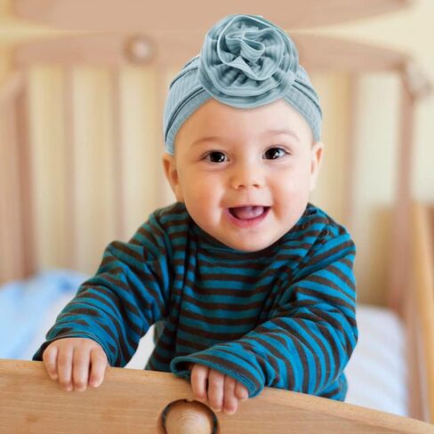 Cinaci 8 Pack Solid Nursery Hospital Turban Hats with Flower Floral Caps Beanies Bonnets for Baby Girls Toddlers Infants, White, Pink, Dirty Pink, Burgundy, Mustard, Blue, Gray and Black, 3-24 Months in Kuwait