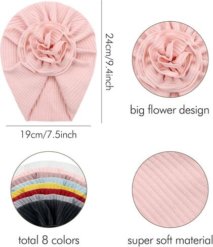 Cinaci 8 Pack Solid Nursery Hospital Turban Hats with Flower Floral Caps Beanies Bonnets for Baby Girls Toddlers Infants, White, Pink, Dirty Pink, Burgundy, Mustard, Blue, Gray and Black, 3-24 Months in Kuwait