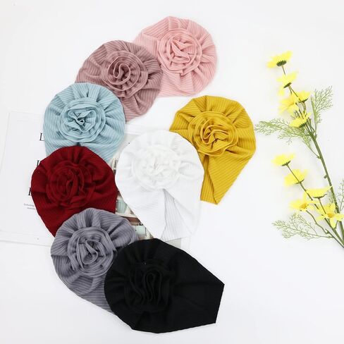 Cinaci 8 Pack Solid Nursery Hospital Turban Hats with Flower Floral Caps Beanies Bonnets for Baby Girls Toddlers Infants, White, Pink, Dirty Pink, Burgundy, Mustard, Blue, Gray and Black, 3-24 Months in Kuwait