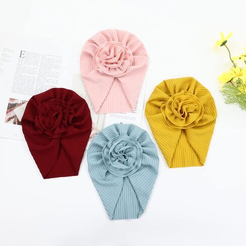 Cinaci 8 Pack Solid Nursery Hospital Turban Hats with Flower Floral Caps Beanies Bonnets for Baby Girls Toddlers Infants, White, Pink, Dirty Pink, Burgundy, Mustard, Blue, Gray and Black, 3-24 Months in Kuwait