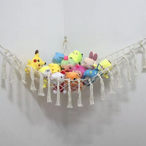 شبكة أو أرجوحة للحيوانات المحشوة مع ضوء LED وخطافات - أرجوحة لعبة تخزين الحيوانات المحشوة للجدار - شبكة كبيرة من القطيفة على شكل زاوية مكرامية، منظم قطيفة معلق من بوهو لديكور غرفة نوم الأطفال (41 × 41 × 57) in Kuwait