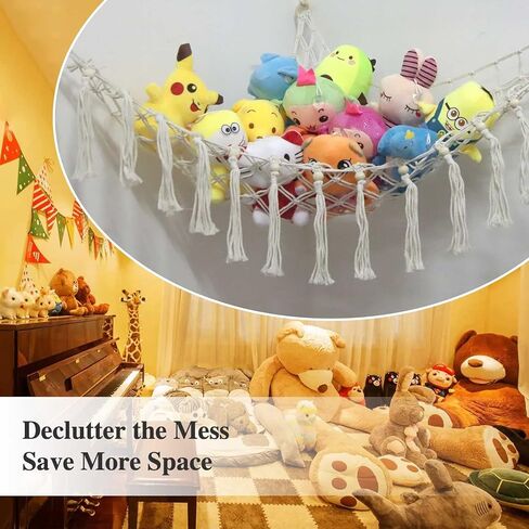 شبكة أو أرجوحة للحيوانات المحشوة مع ضوء LED وخطافات - أرجوحة لعبة تخزين الحيوانات المحشوة للجدار - شبكة كبيرة من القطيفة على شكل زاوية مكرامية، منظم قطيفة معلق من بوهو لديكور غرفة نوم الأطفال (41 × 41 × 57) in Kuwait