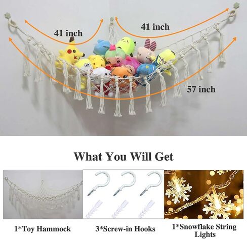 شبكة أو أرجوحة للحيوانات المحشوة مع ضوء LED وخطافات - أرجوحة لعبة تخزين الحيوانات المحشوة للجدار - شبكة كبيرة من القطيفة على شكل زاوية مكرامية، منظم قطيفة معلق من بوهو لديكور غرفة نوم الأطفال (41 × 41 × 57) in Kuwait