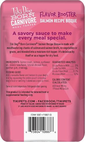 Tiki Dog Born Carnivore Flavor Booster, Salmon Recipe Bisque, Grain Free Meat Based Treat, Meal Topper for All Dog Breeds and All Life Stages, 1.5 oz Pouch, Pack of 12 in Kuwait