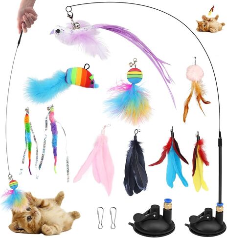 لعبة القطط التفاعلية من تويازووي للقطط الداخلية 2 في 1 لعبة عصا القطط بدون استخدام اليدين لعبة كرة ريش الطيور الطبيعية، لعبة كوب الشفط للقطط لعبة اللعب الذاتي in Kuwait